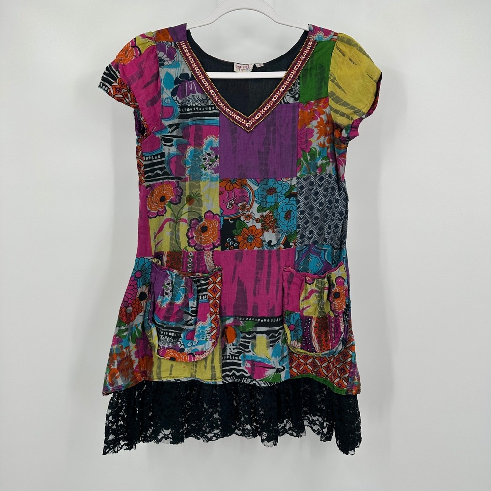 Womens Boho Patchwork Cottagecore Tunic Top Size S‎ Whimsical  Lace Hem Colorful